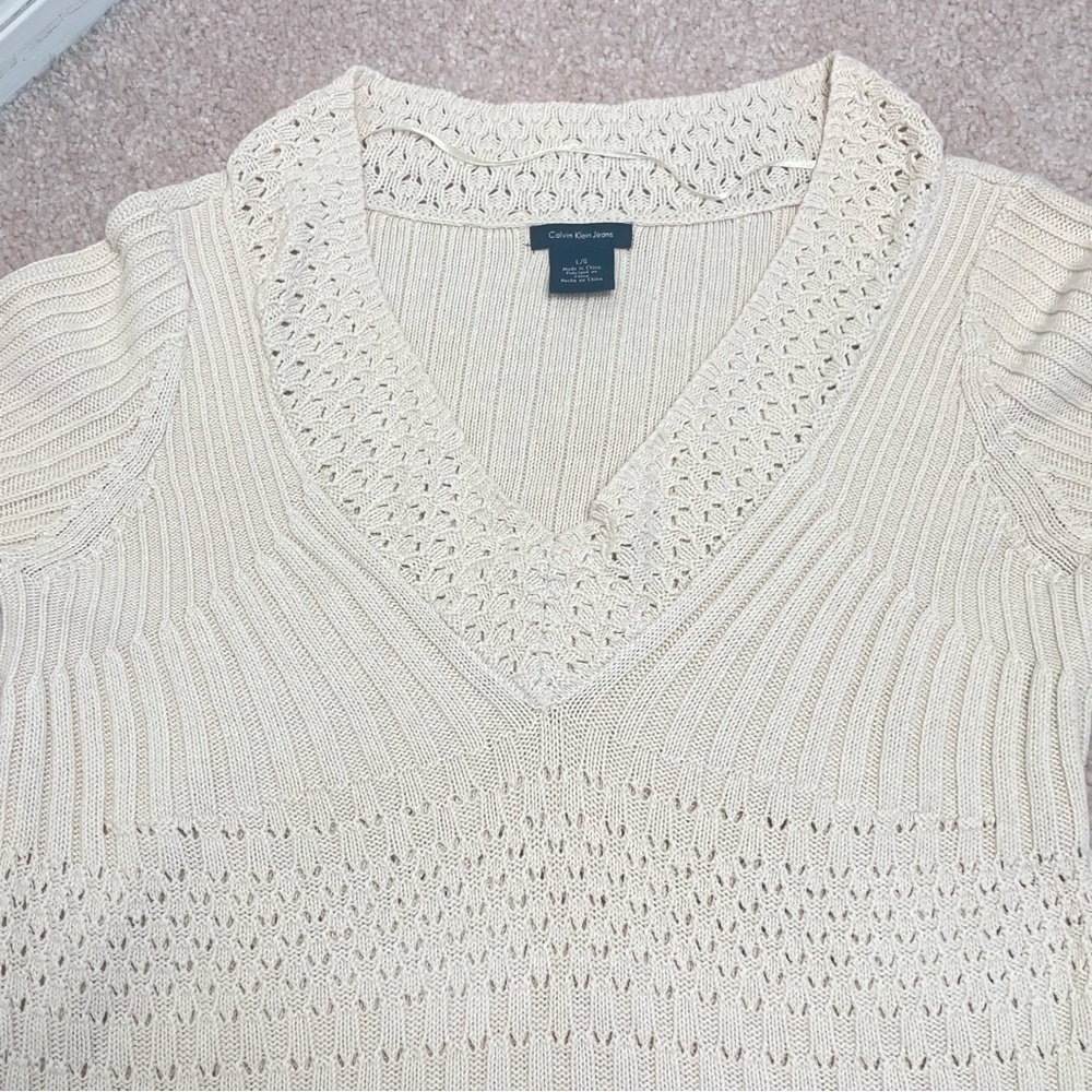 Calvin Klein Jean Women’s Large Ivory Long Sleeve Knit V Neck Top 100% cotton - Picture 6 of 9